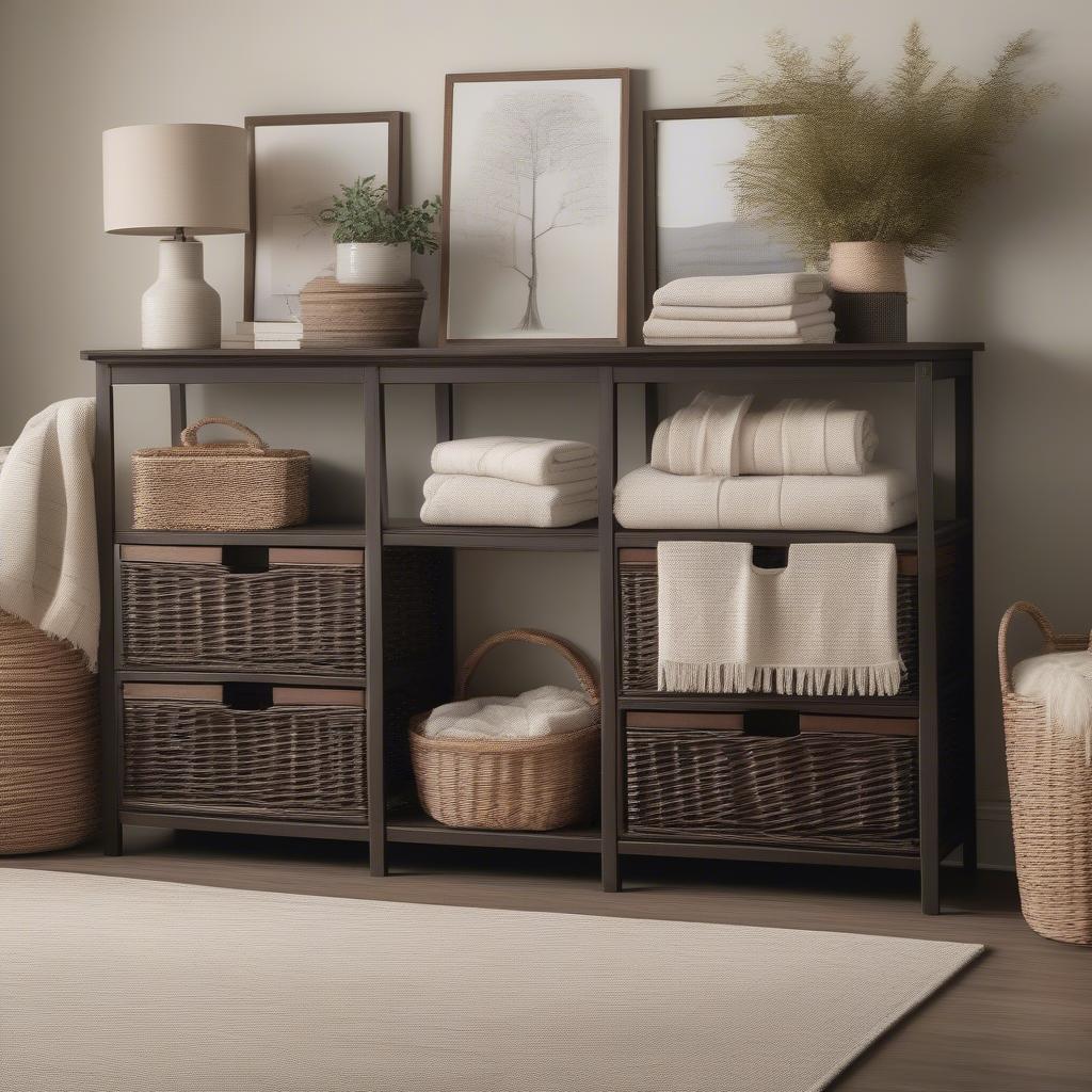 Dark Brown Wicker Storage Drawers in a Living Room Setting