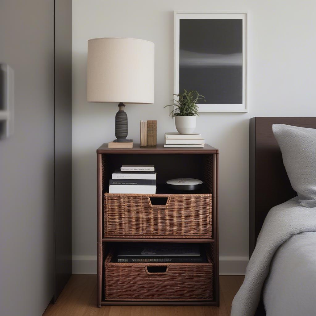 Dark Brown Wicker Drawers in a Small Bedroom