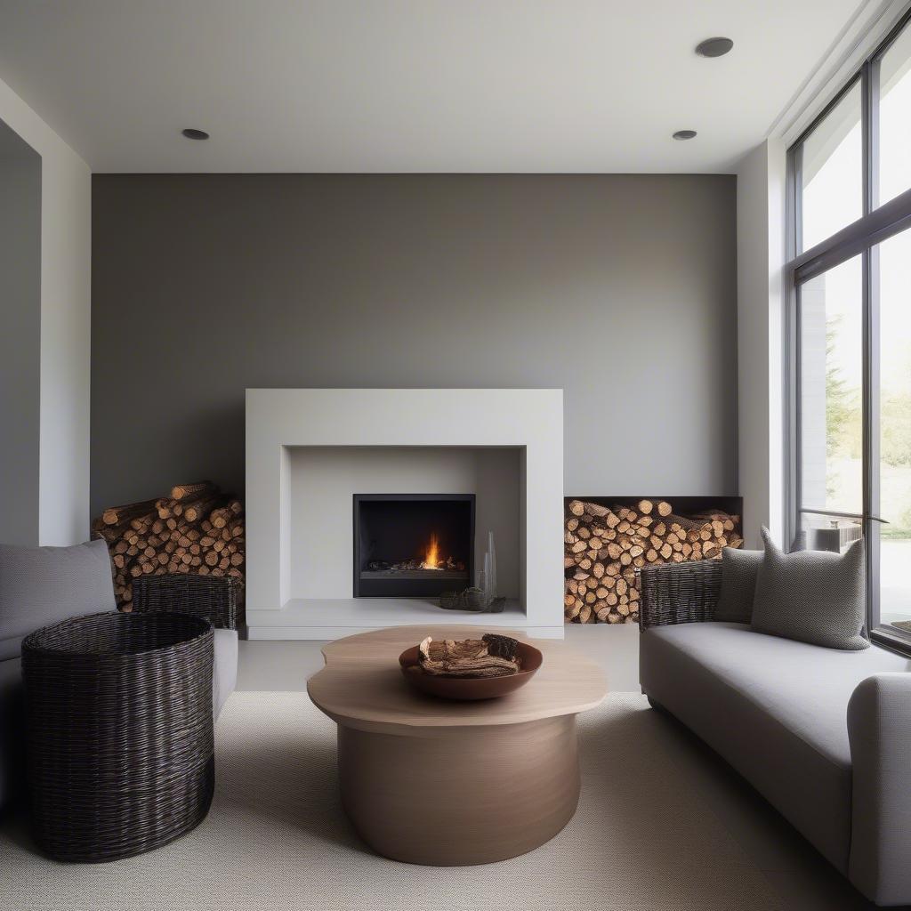 Dark wicker baskets storing firewood beside a modern fireplace