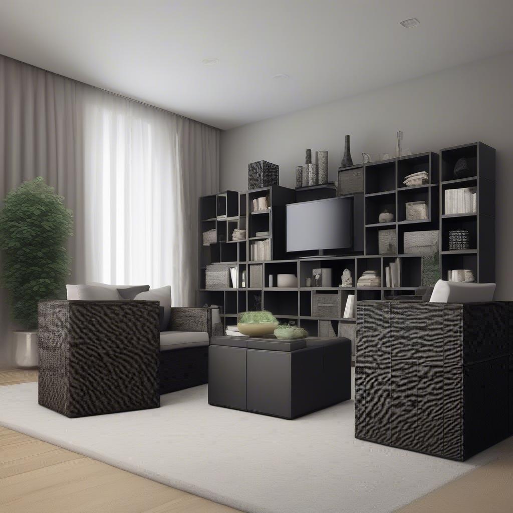 Dark Wicker Cube Storage in a Living Room Setting