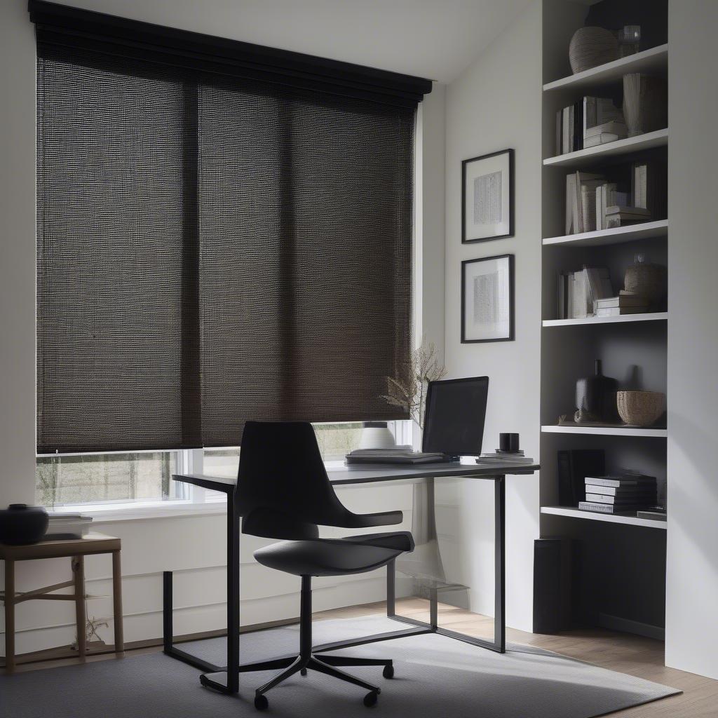 Dark wicker effect roller blinds in an office setting