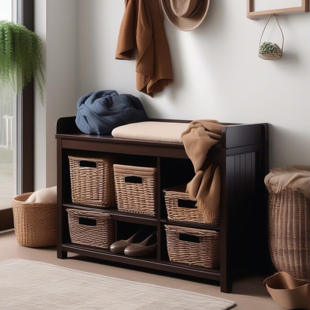 Dark wood wicker basket storage bench in an entryway