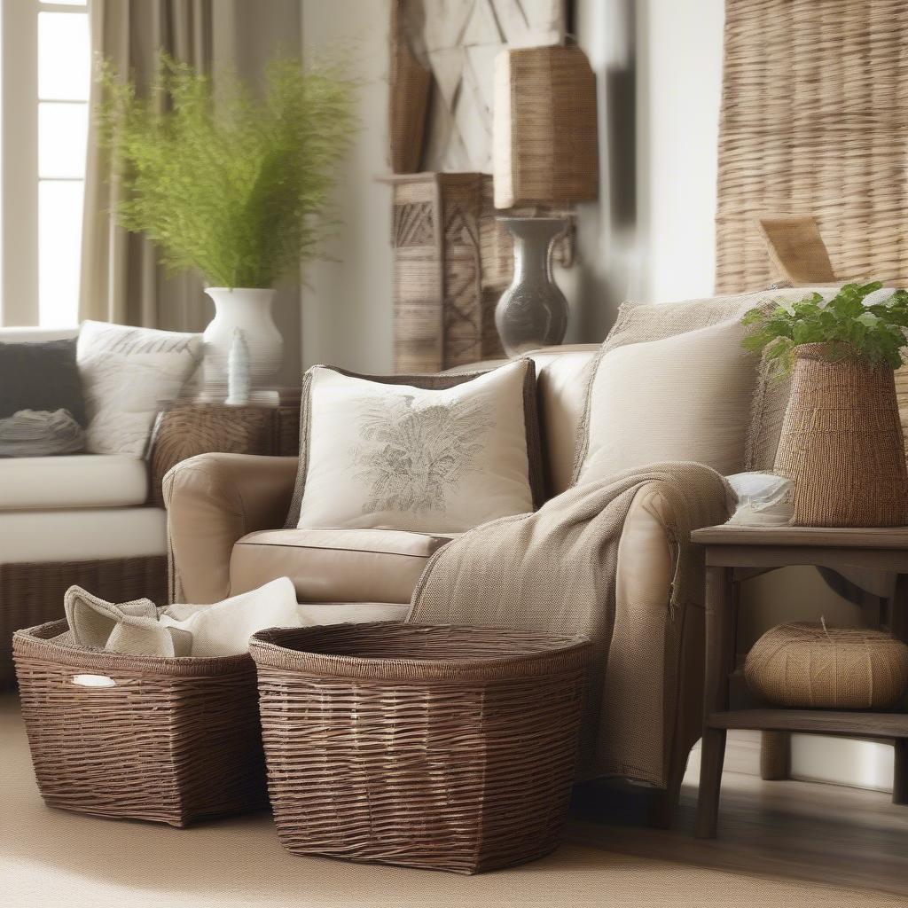 Stylish living room featuring lined wicker storage baskets used to organize blankets, magazines, and plants.