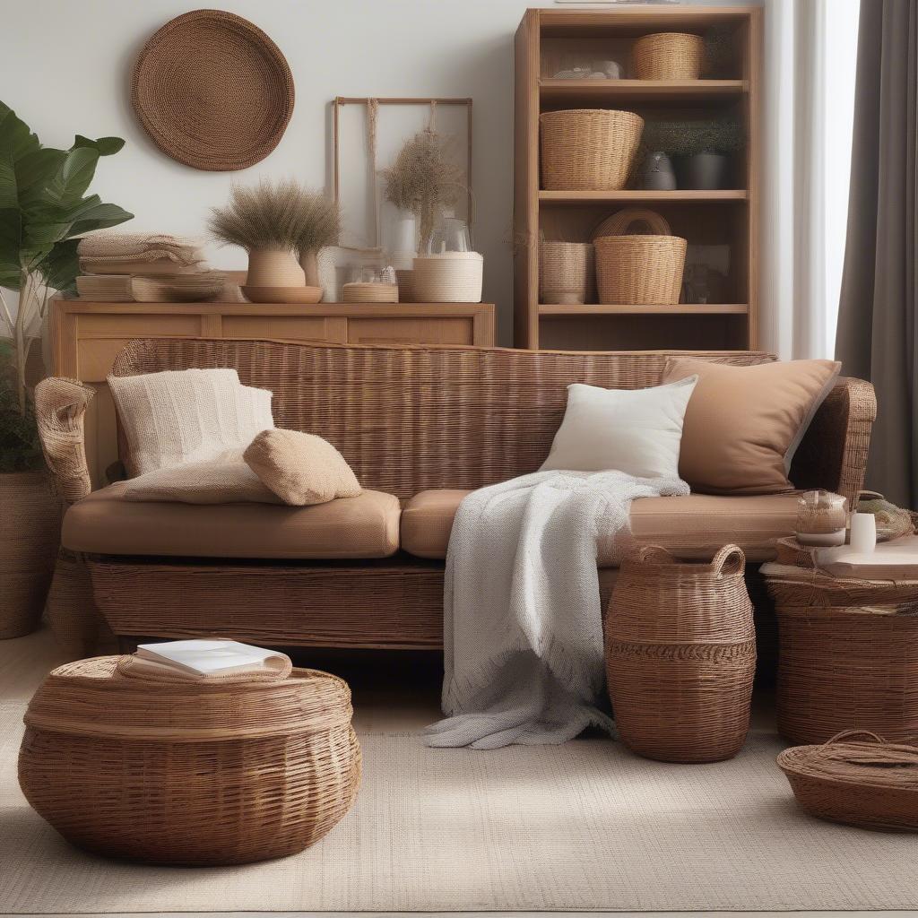 Decorative wicker baskets used for storage in a living room setting.