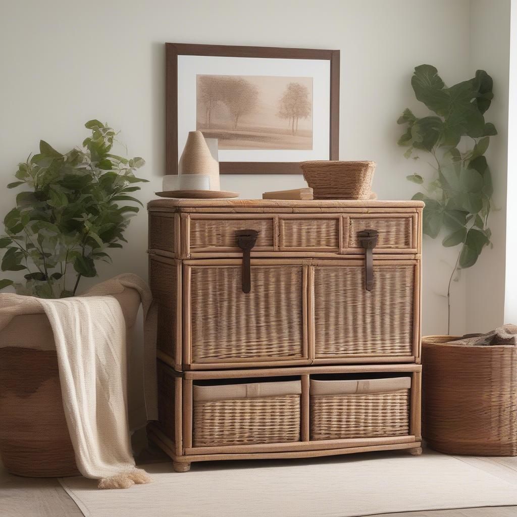 Decorative wicker paper rope storage chest in a living room setting