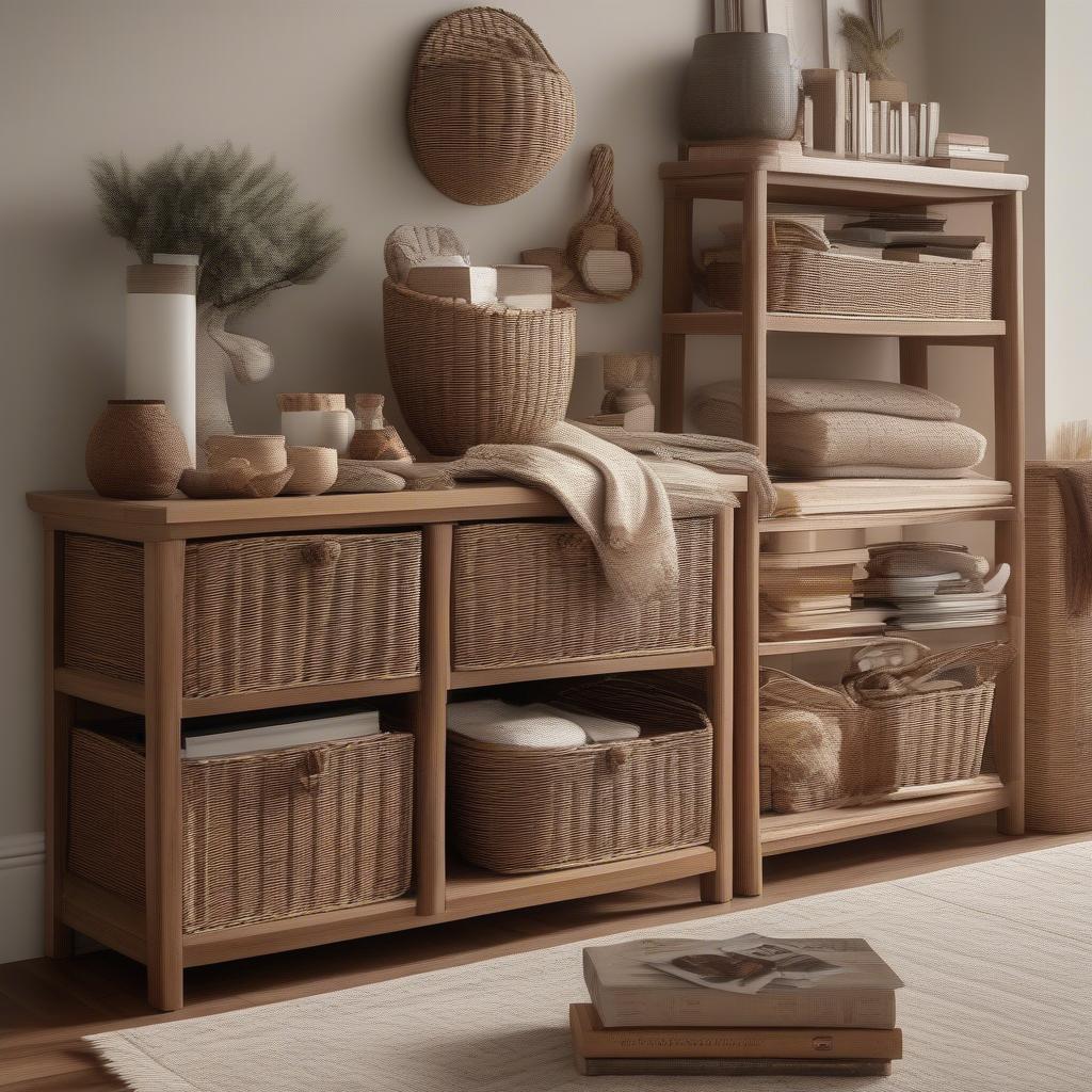 Decorative wicker storage baskets in a living room setting, showcasing their versatility and aesthetic appeal.