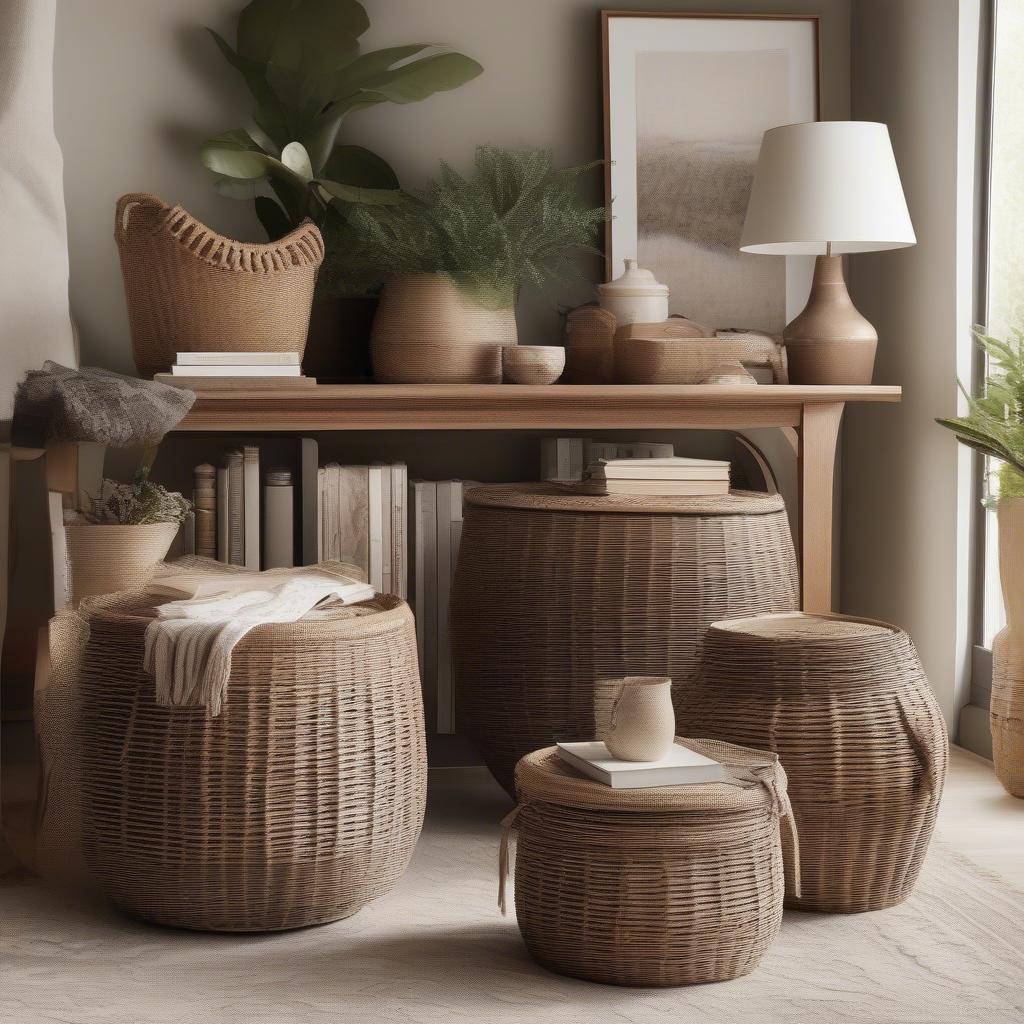 Decorative wicker storage boxes in a living room setting