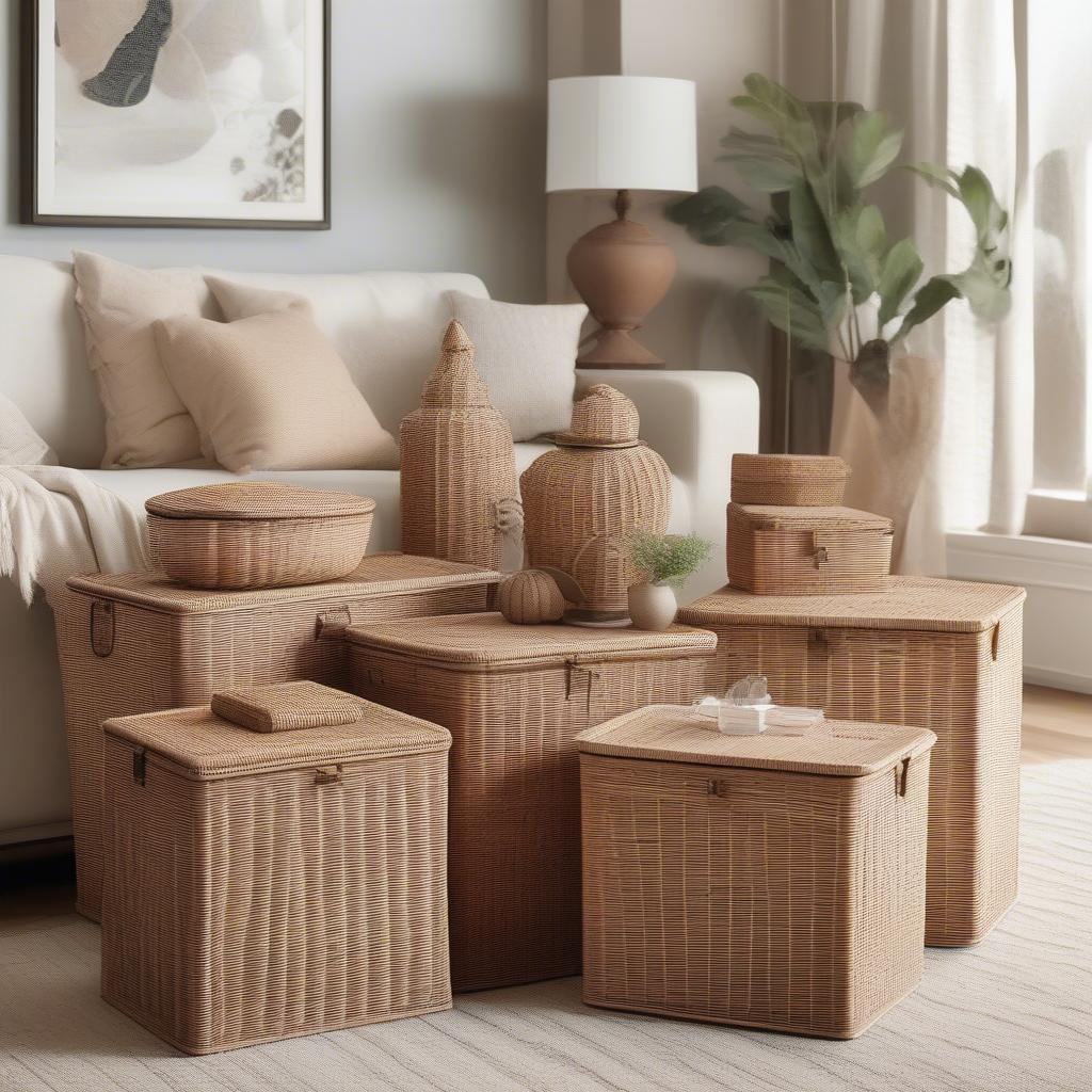 Decorative wicker storage boxes with lids in a living room setting