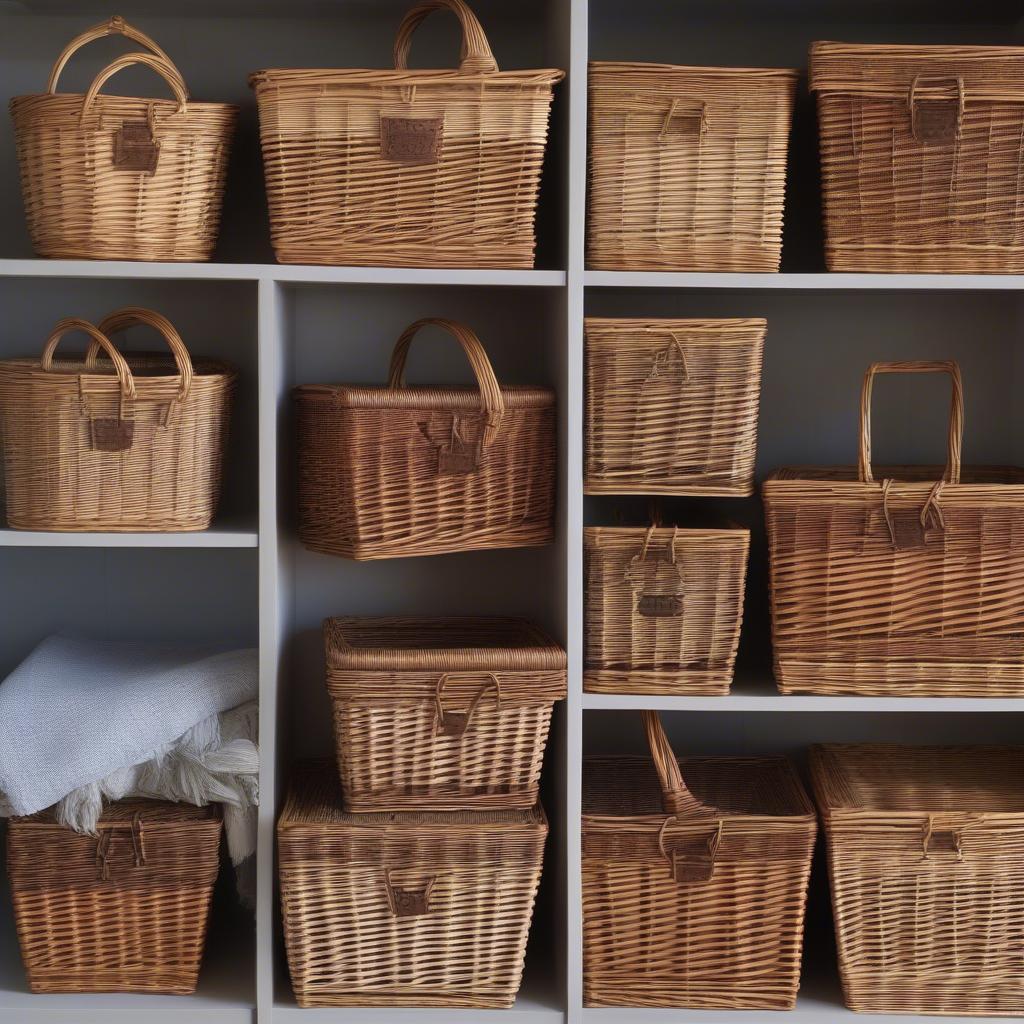 Various Deep Lined Willow Wicker Storage Baskets in Different Shapes and Sizes