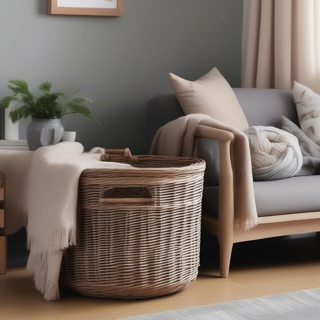 Deep Pole Handle Wicker Storage Basket in a Living Room Setting