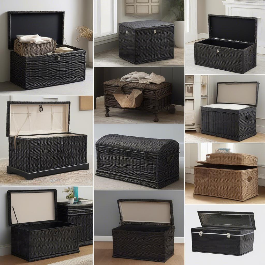 Different styles of black wicker storage chests