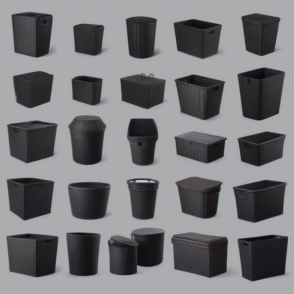 Various styles of black wicker storage bins