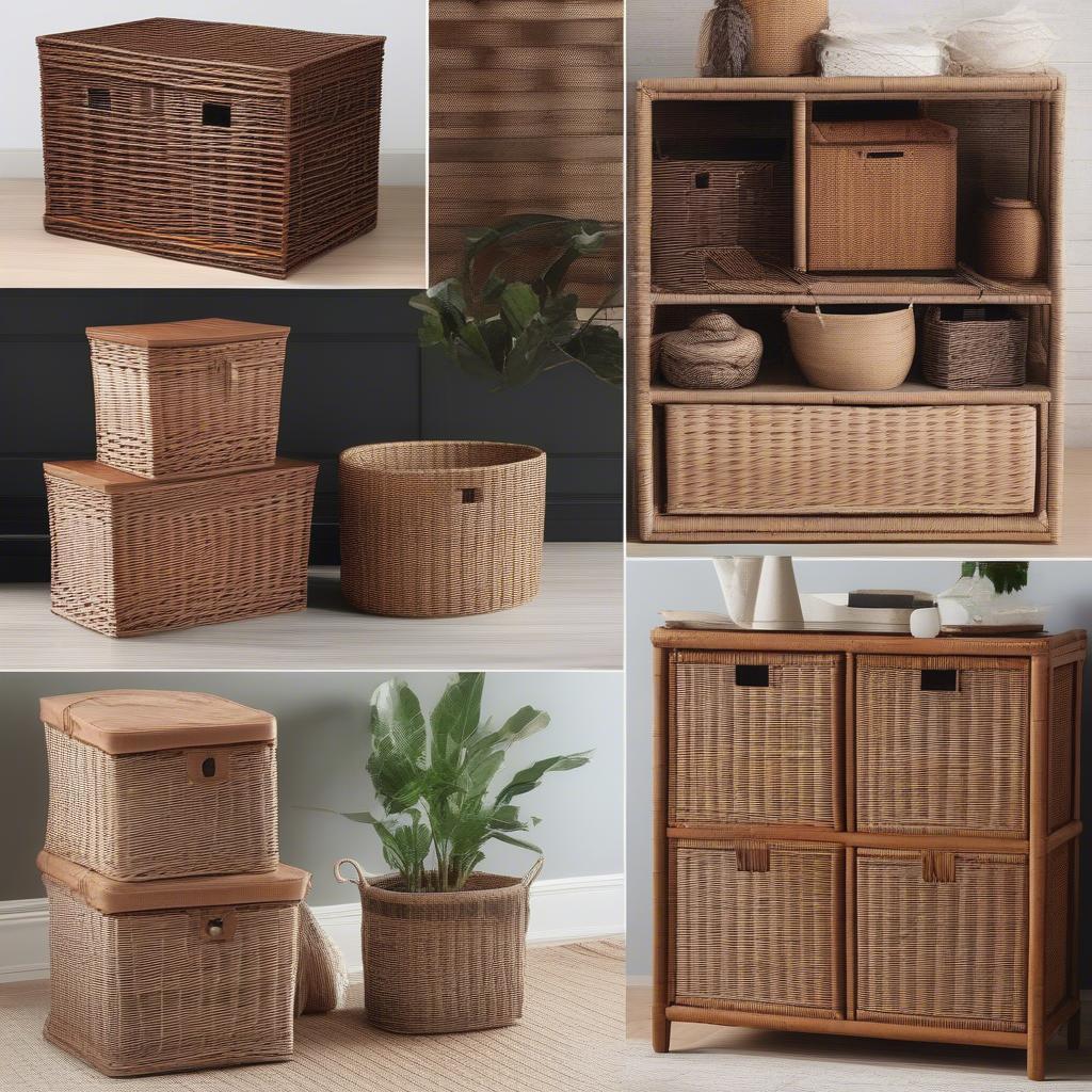 Various styles of brown wicker storage units