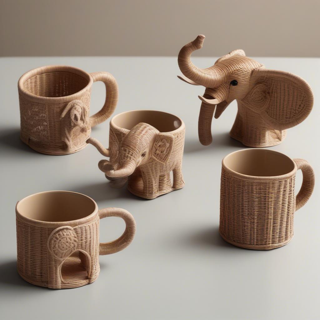 Variety of elefant wicker coffee cup holder designs, showcasing different sizes, shapes, and weaving patterns.