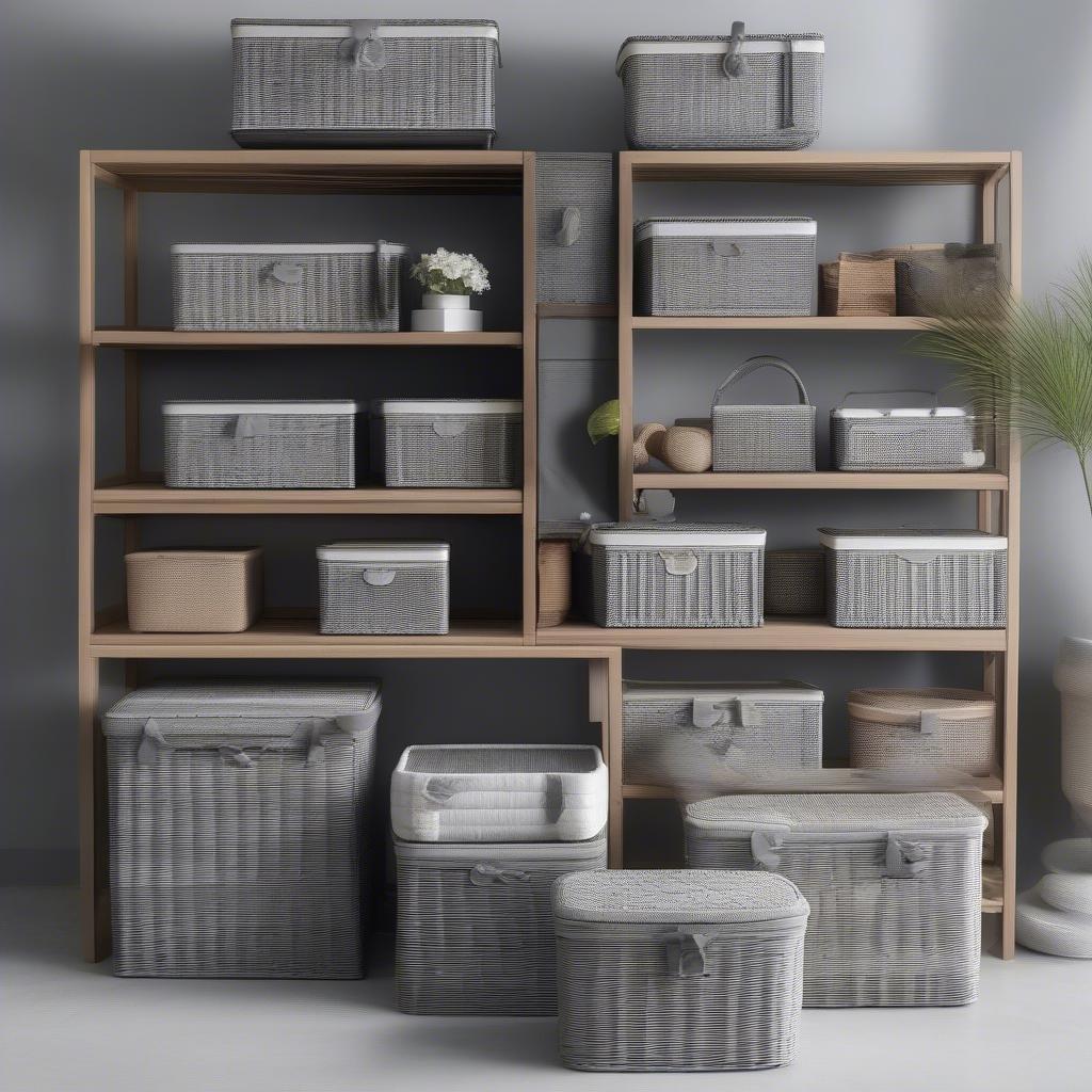 Various styles of grey wicker storage boxes