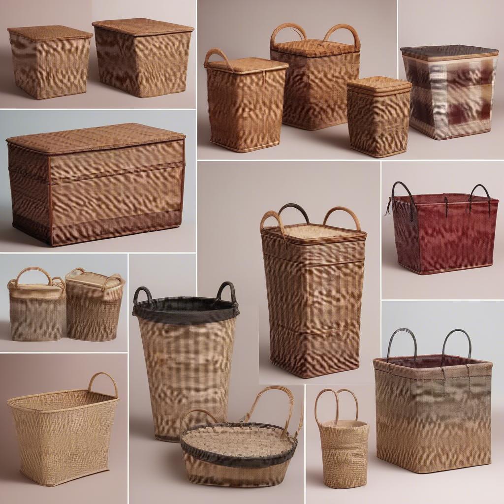 Various wicker hampers showcasing different shapes, sizes, and weaving styles.