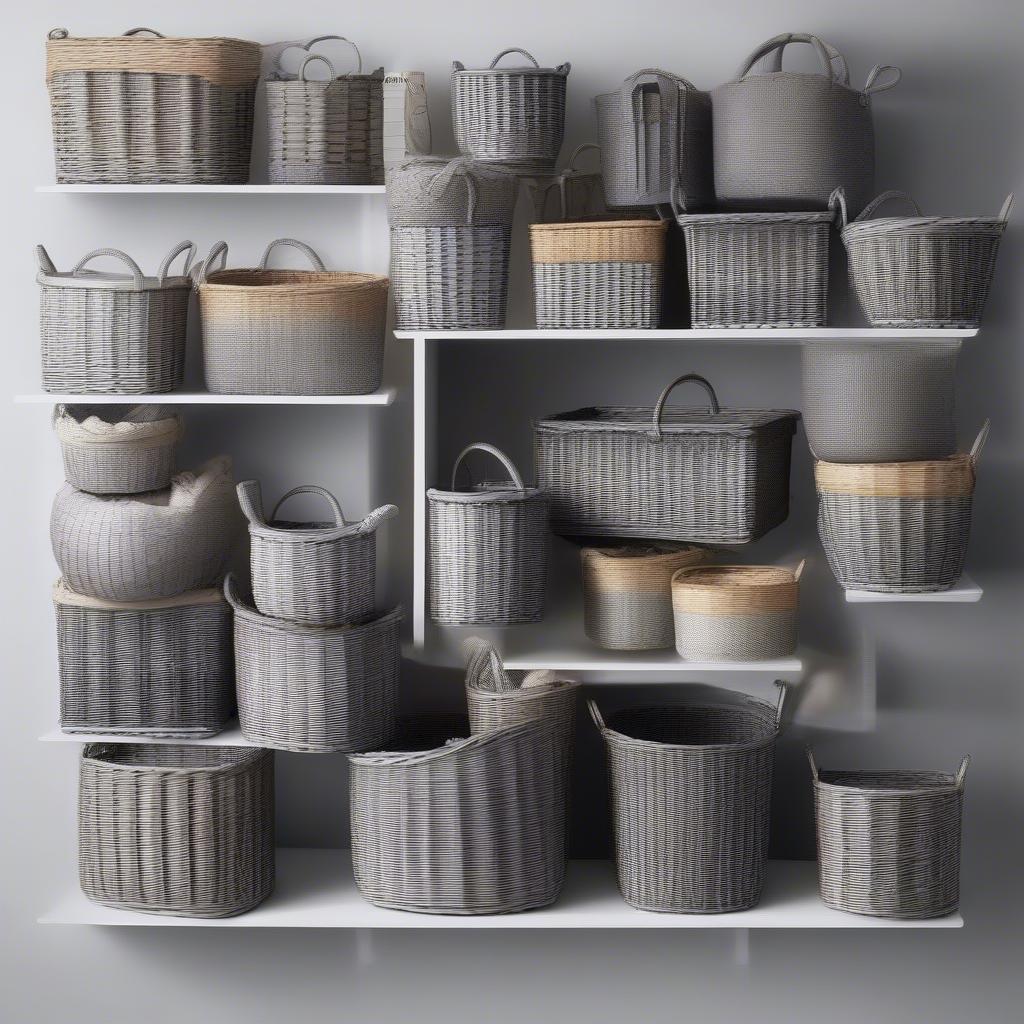 Various shapes of grey wicker storage baskets – round, square, rectangular.