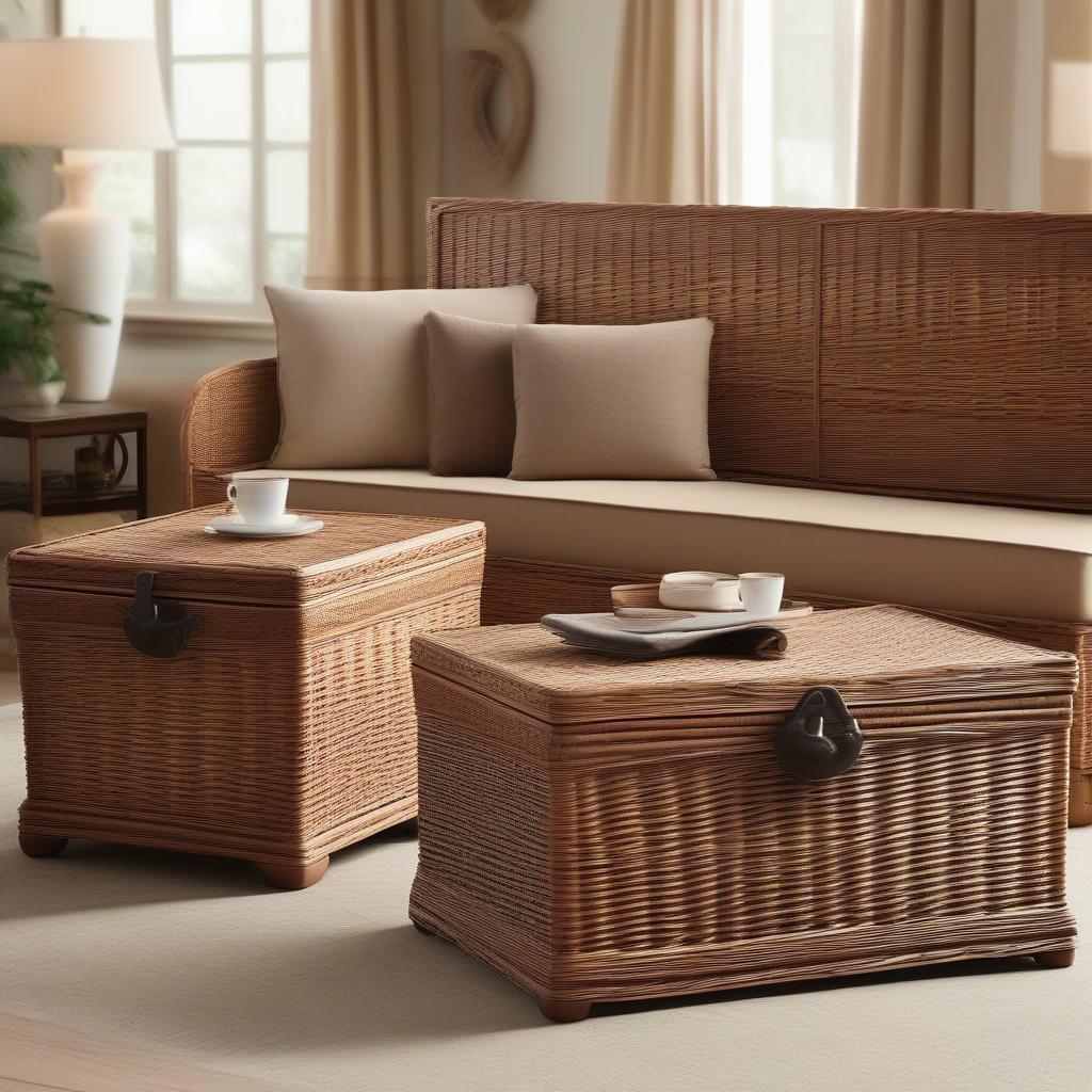 Different shapes of jumbo wicker storage trunks