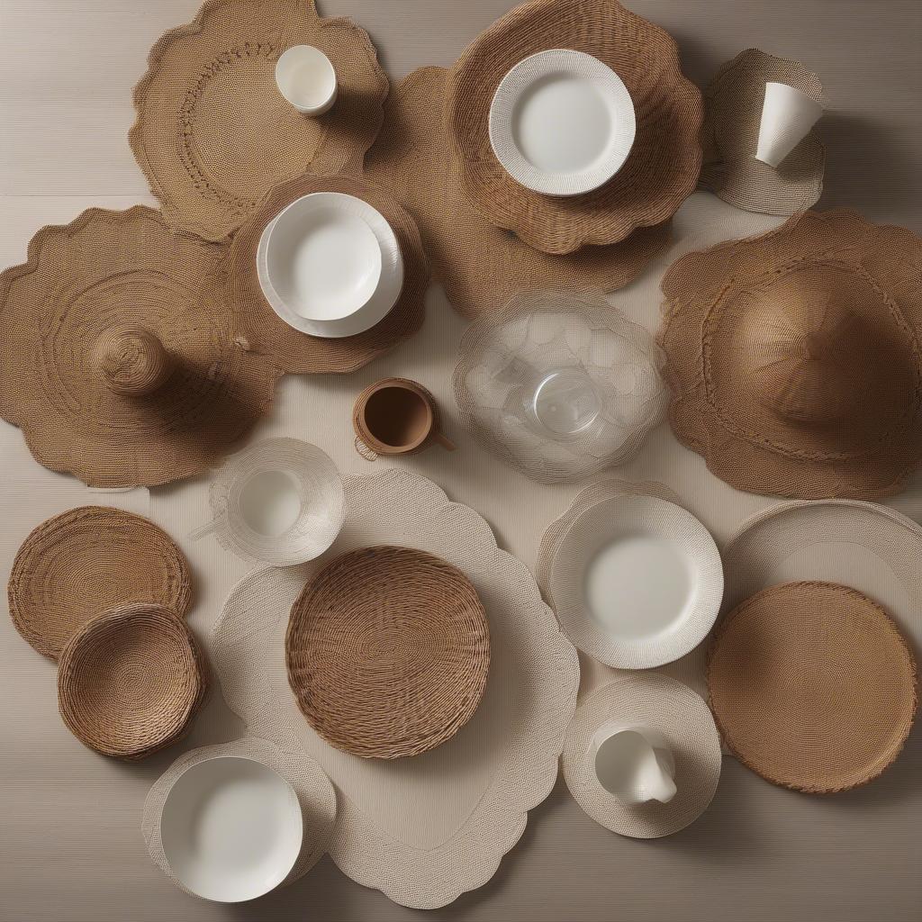 Various shapes of scalloped wicker placemats including round, oval, rectangular, and square designs