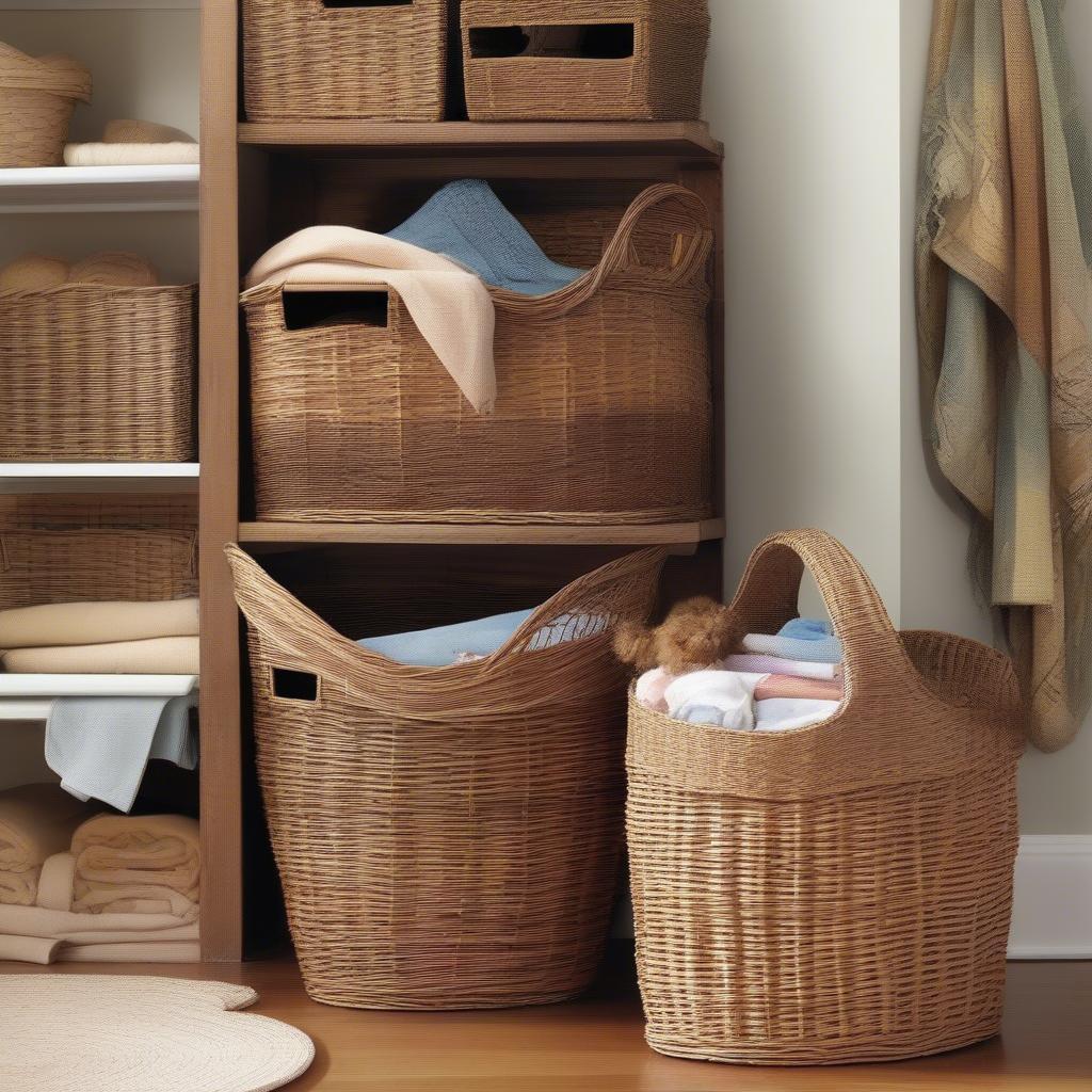 Various shapes and sizes of wicker cane storage baskets, labeled with suggested uses.