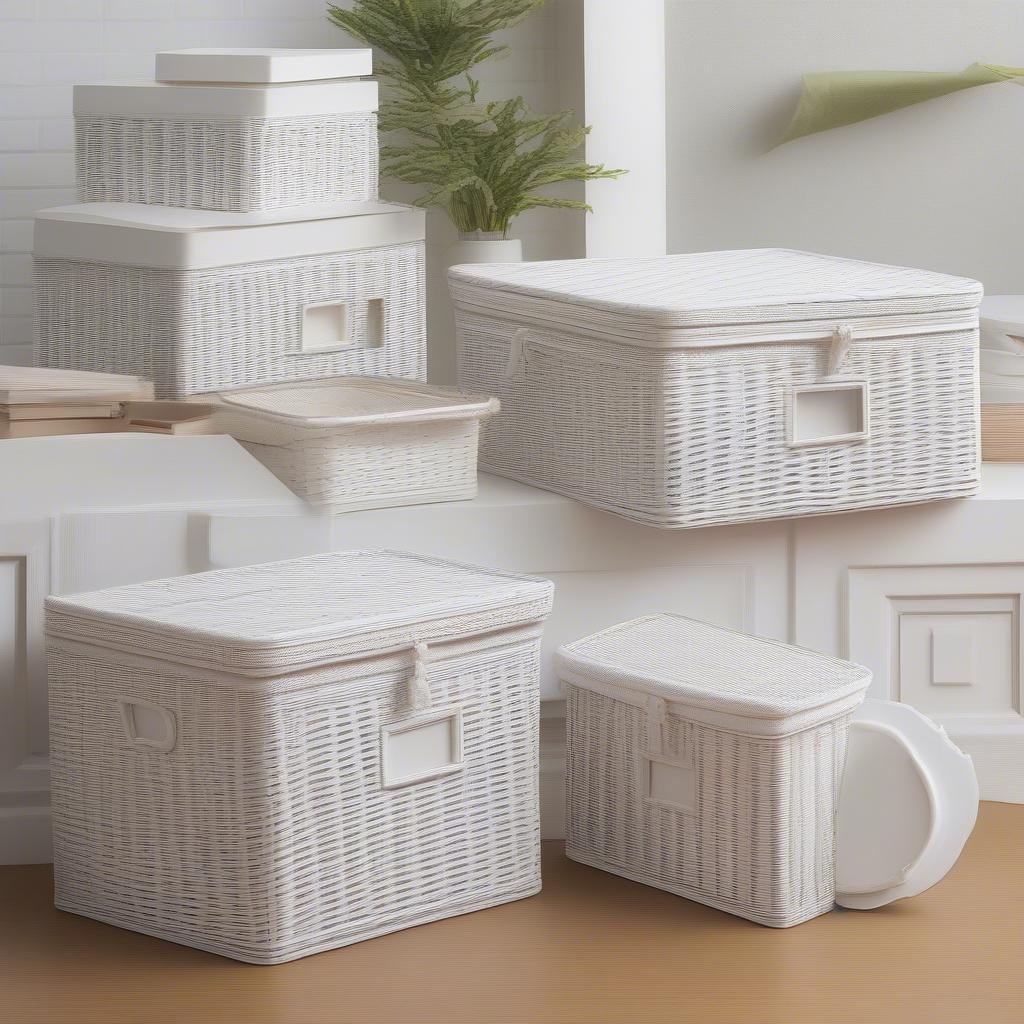 Various shapes of white wicker storage boxes with lids