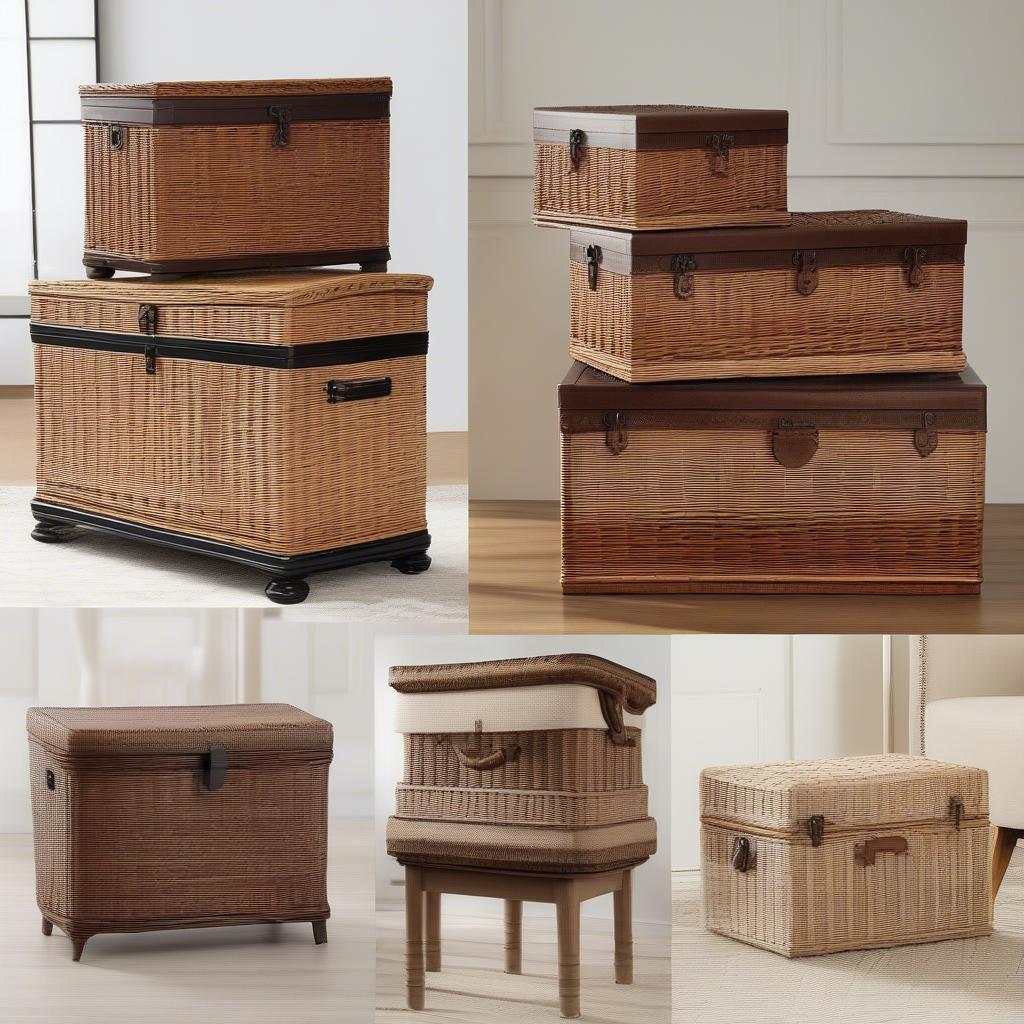 Various shapes of wicker storage trunks