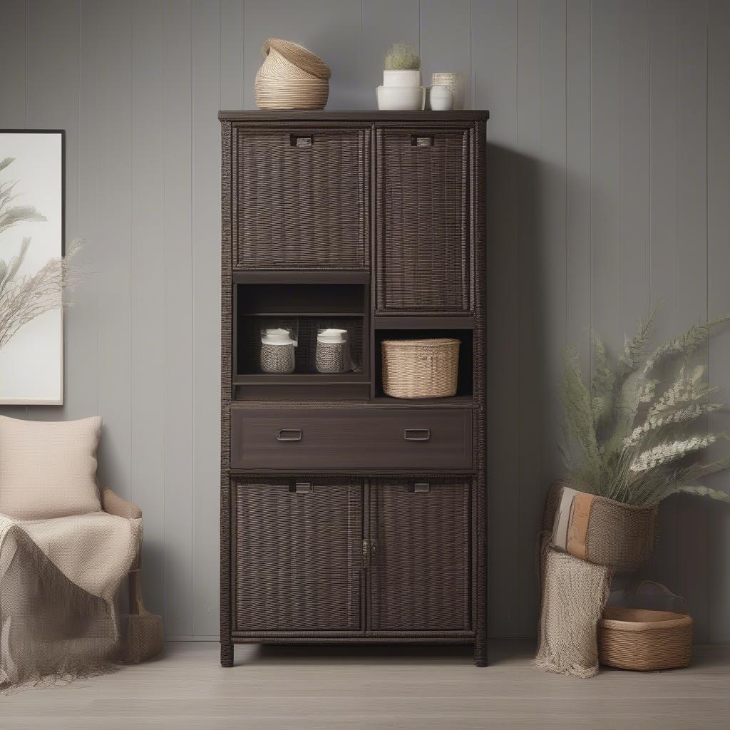 Various sizes of espresso wicker cabinets