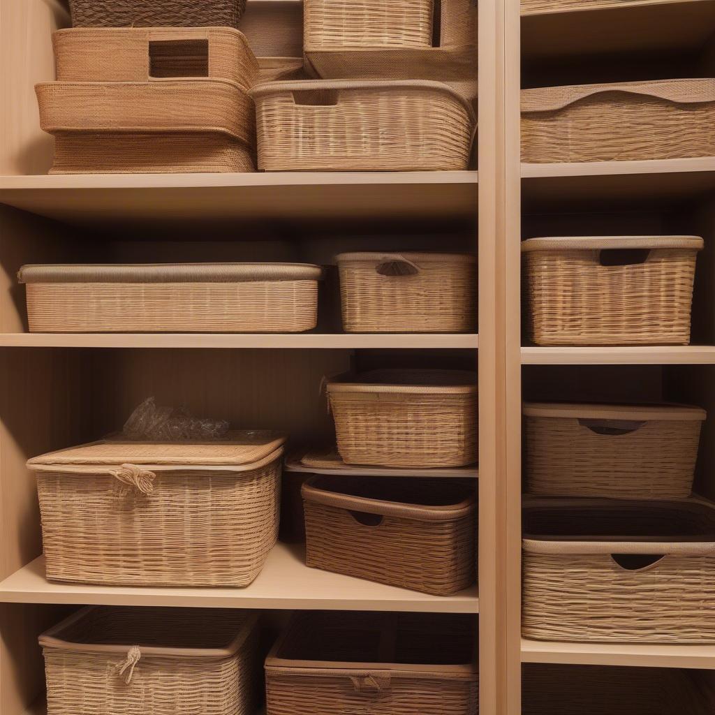 Various sizes of wicker baskets arranged on storage unit shelves.