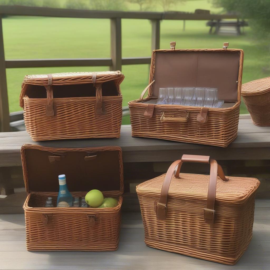 Various sizes of wicker picnic baskets with bottle holders