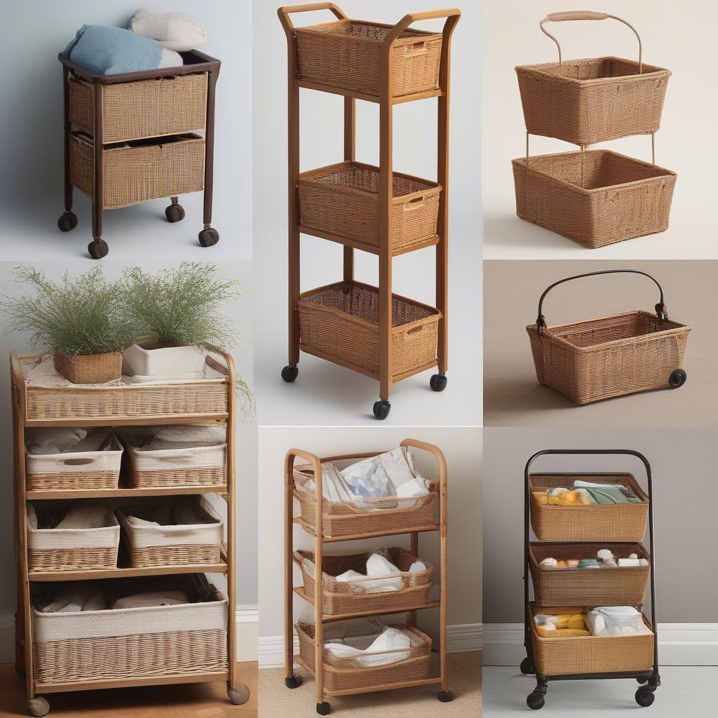 Variety of wicker storage carts in different sizes and configurations, suitable for various needs and spaces