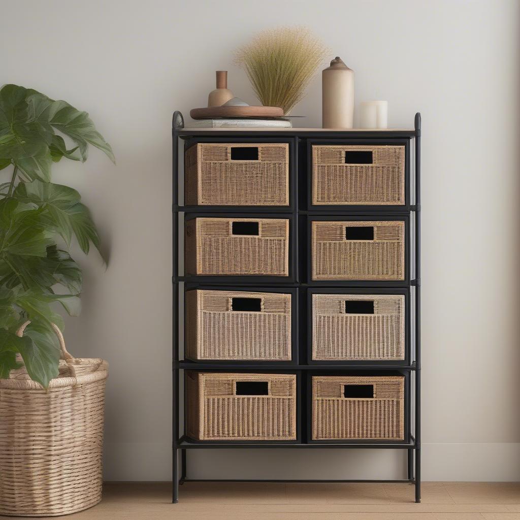 Various sizes of 3-drawer iron and wicker cabinets, demonstrating the range of options available to suit different needs and spaces.