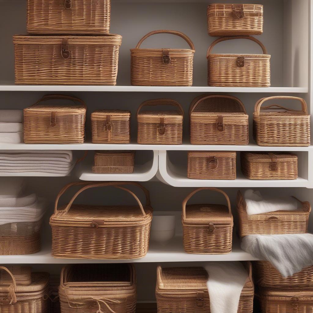 A variety of lined wicker baskets with lids in different sizes and shapes, showcasing the diverse options available.