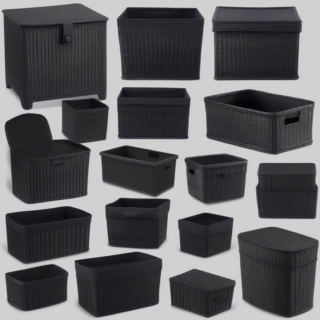 Various sizes of black wicker storage boxes