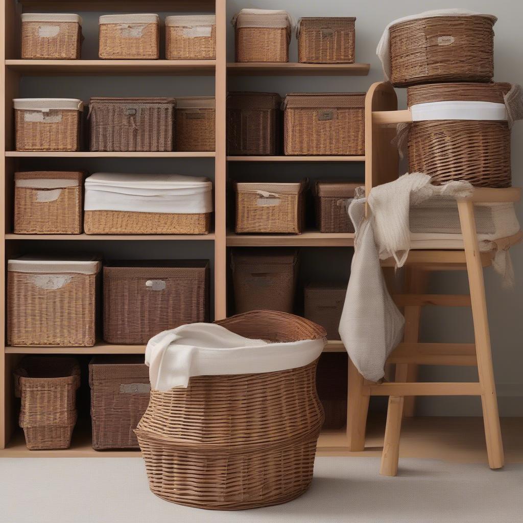 Various sizes of collapsible wicker storage baskets