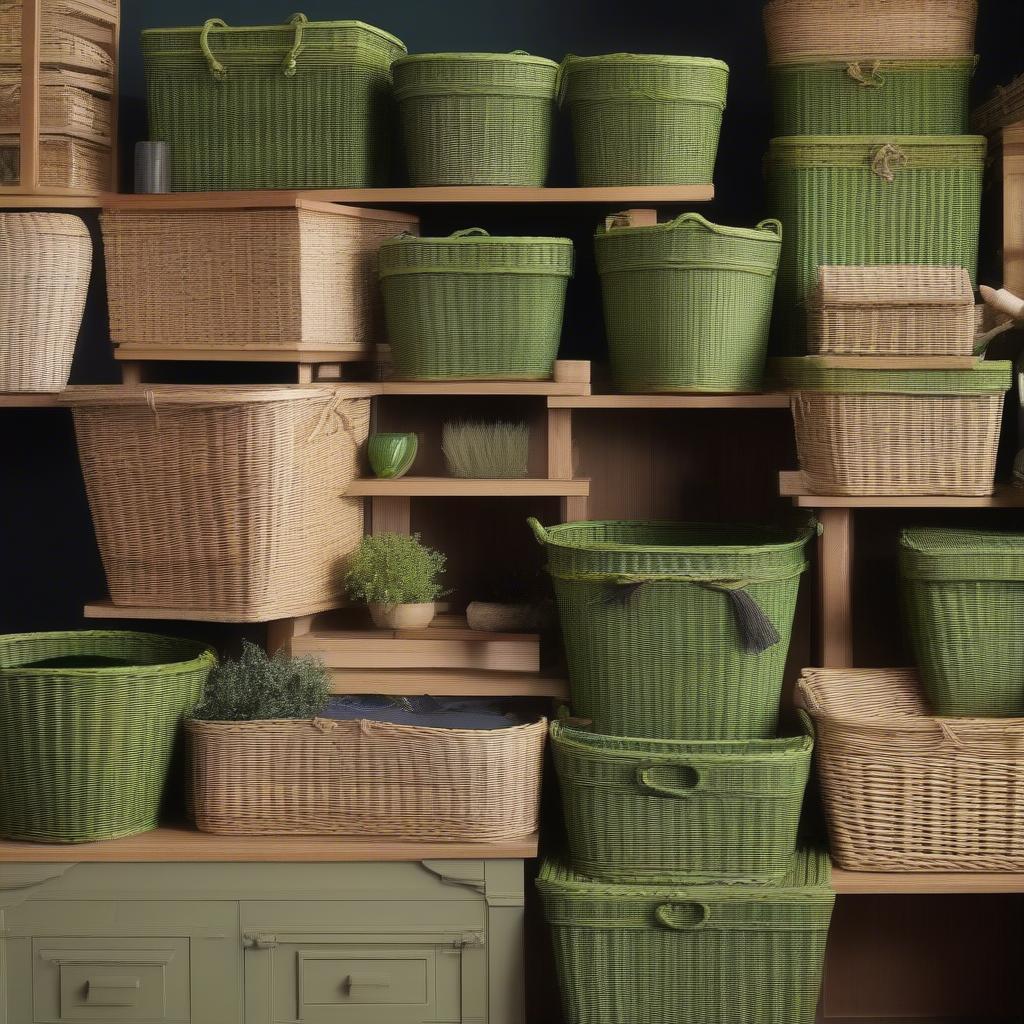 Different sizes of green wicker baskets