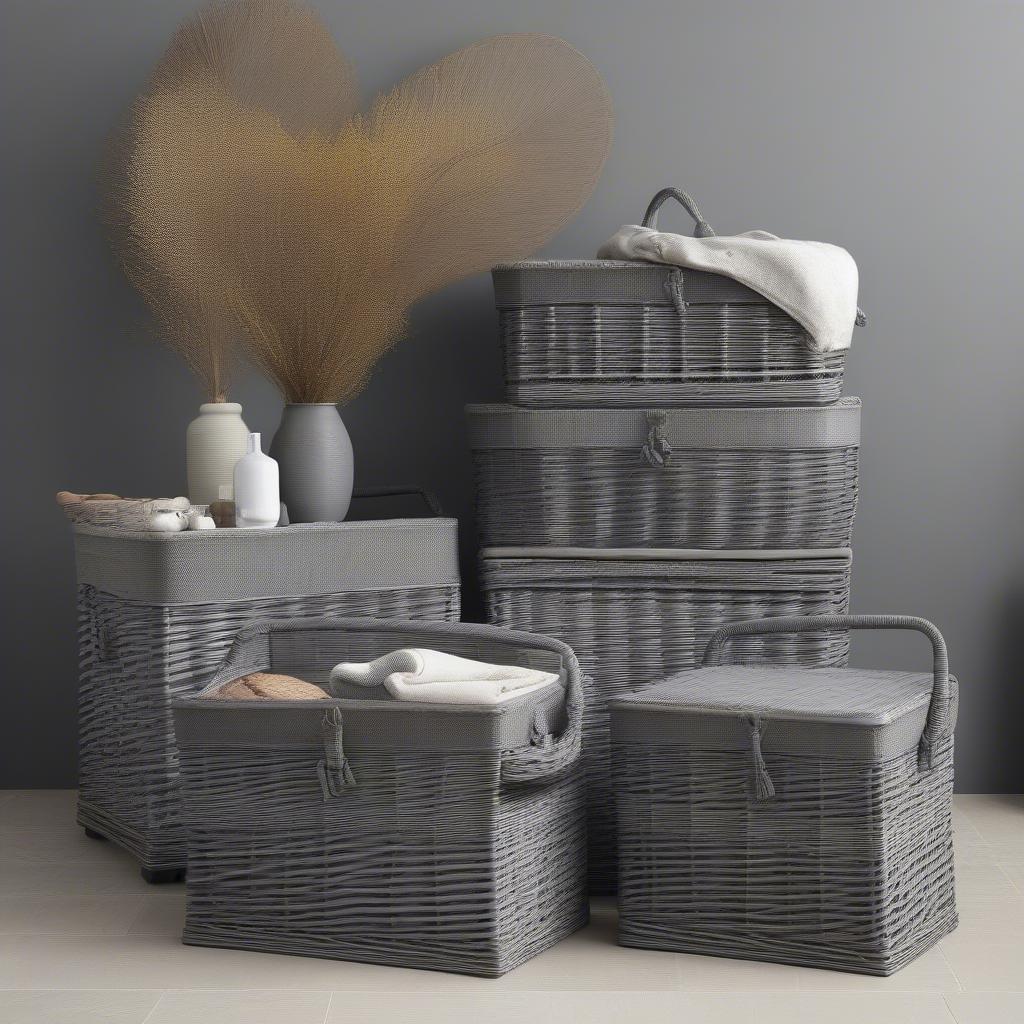 Various sizes of grey wicker storage hampers