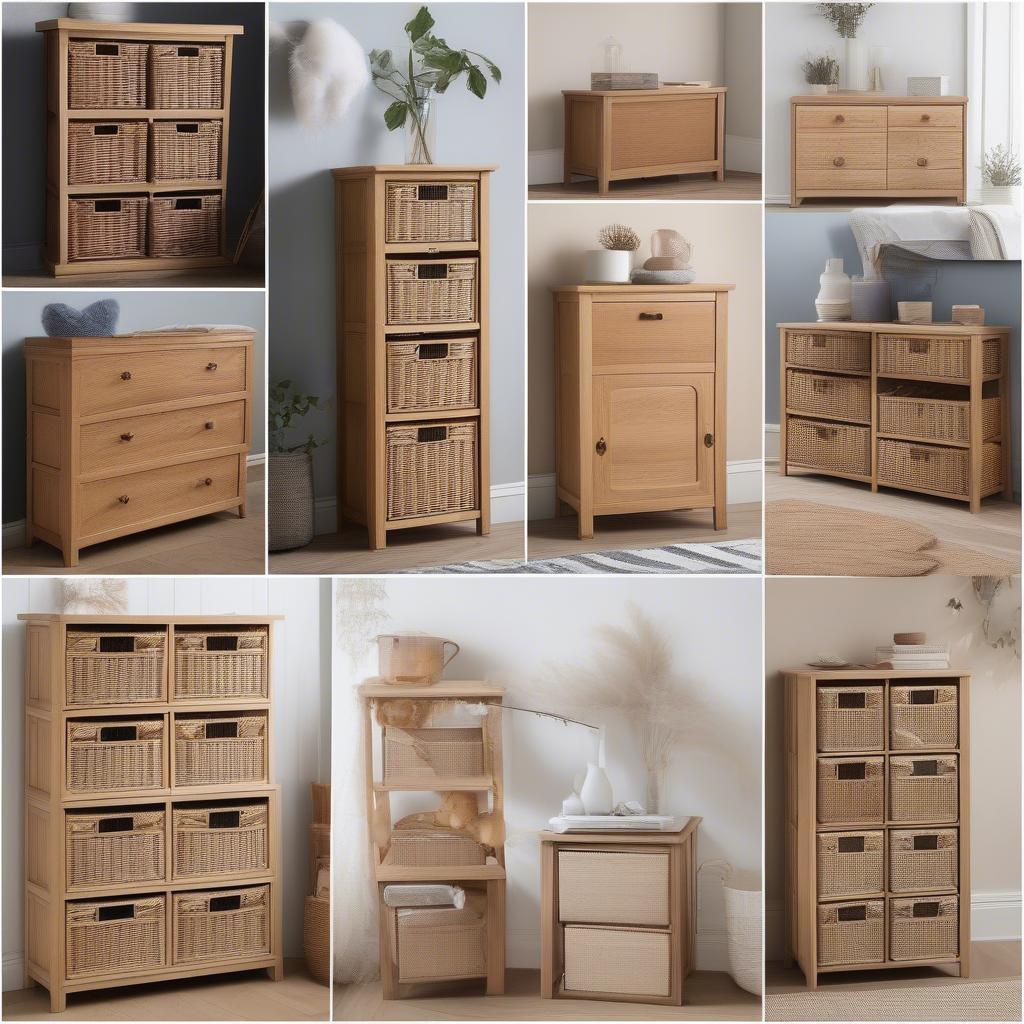 Various sizes of oak and wicker storage units available on Amazon