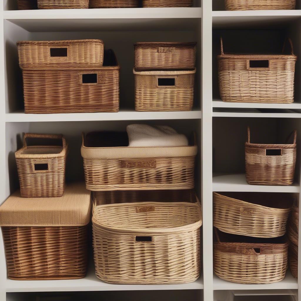 Different sizes of lined wicker baskets displayed together