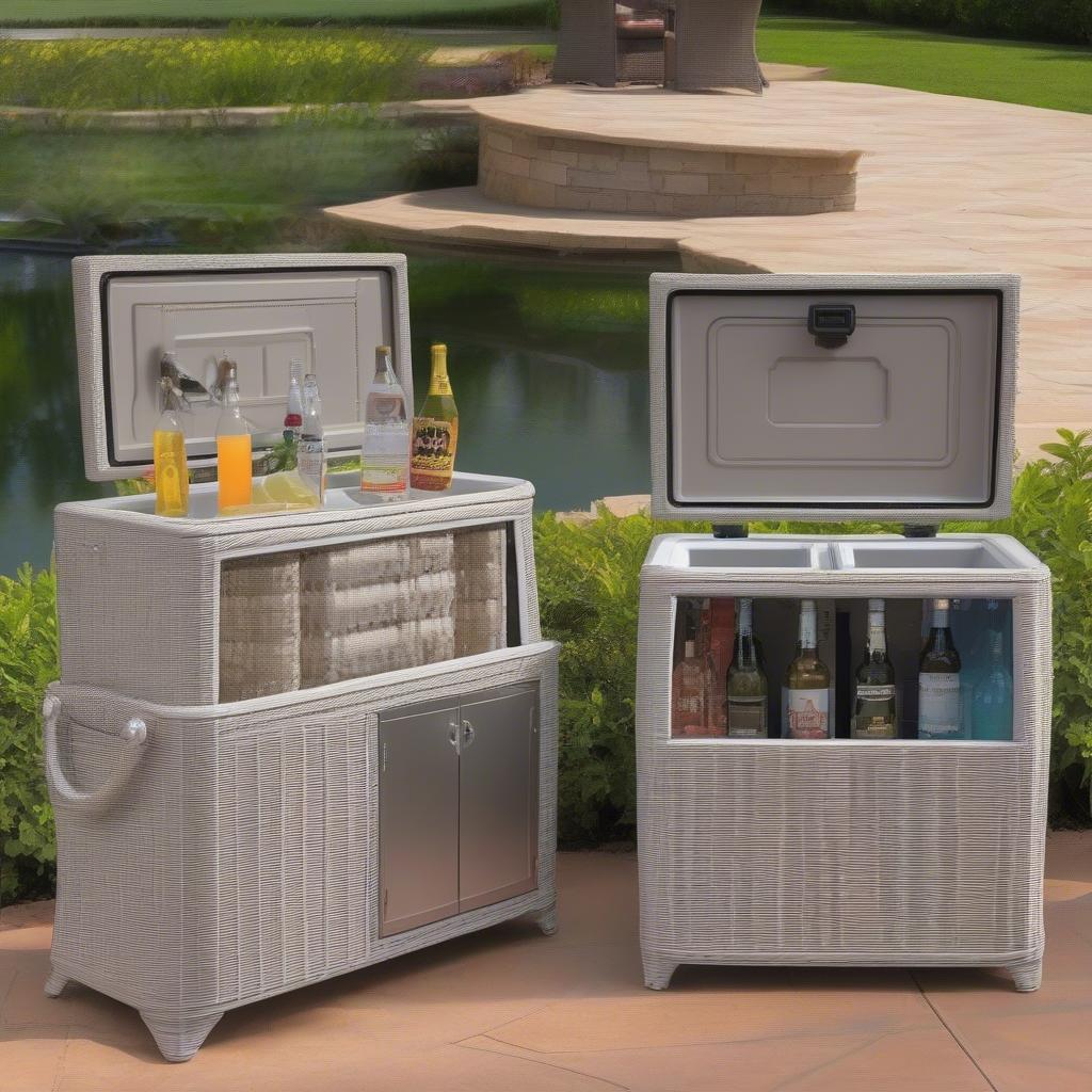 Different sizes of resin wicker coolers with cabinets