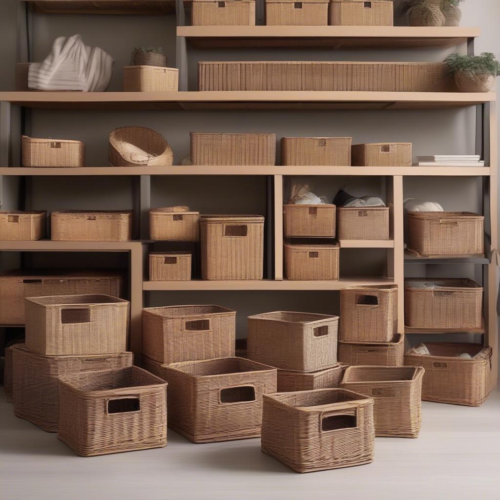 Various sizes of square wicker storage baskets