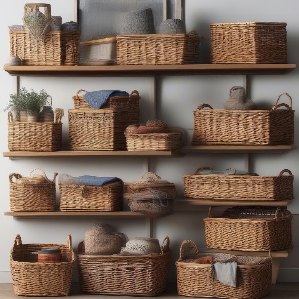 Various sizes and styles of tiered wicker baskets for kitchen storage.