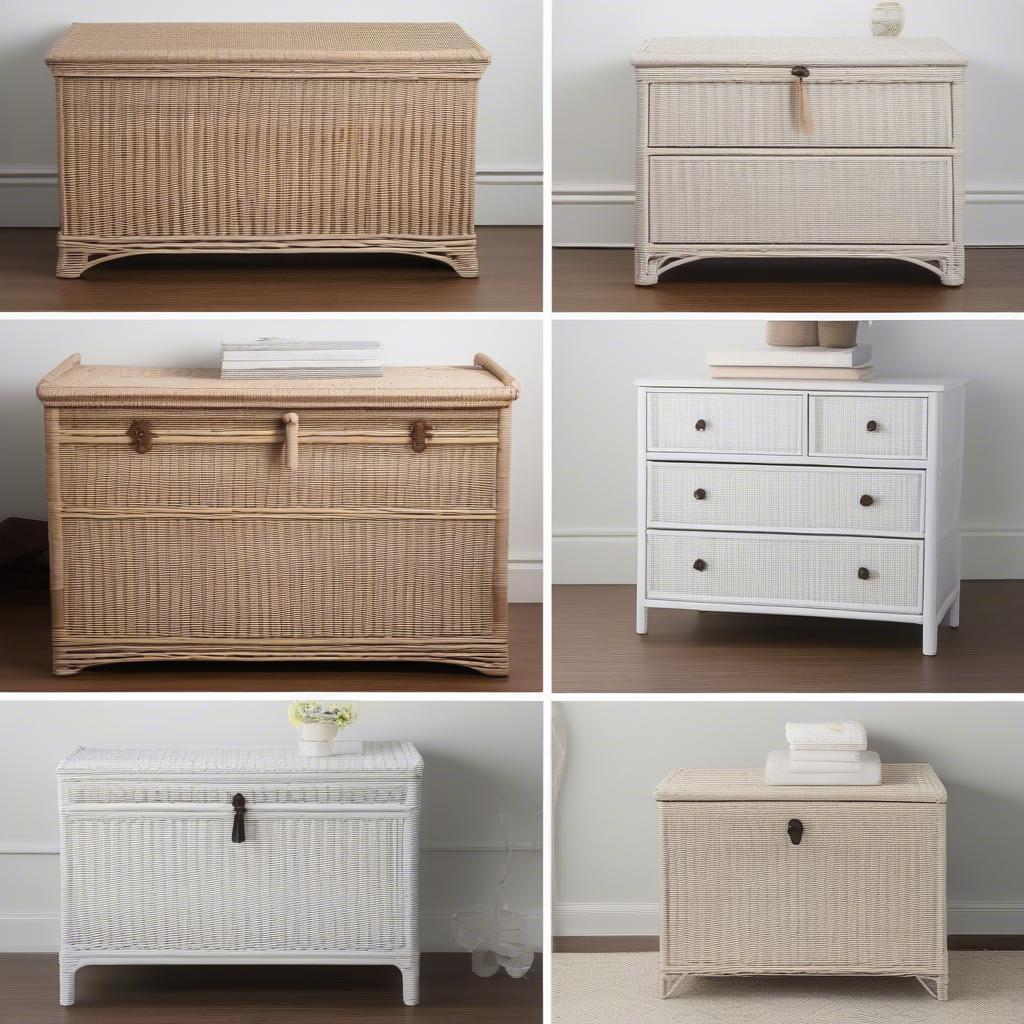 Various sizes of white wicker storage chests to suit different storage needs