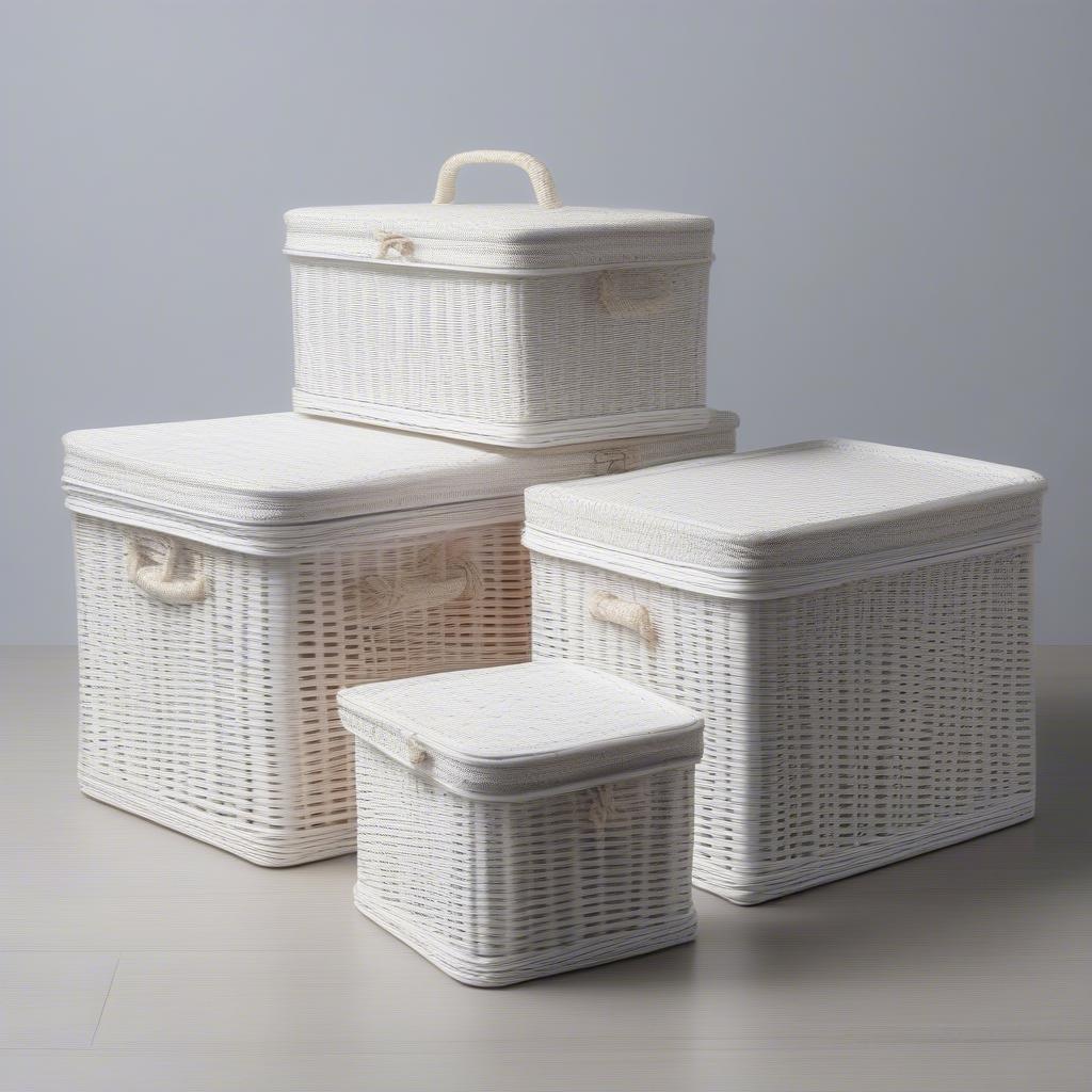 Various sizes of white wicker storage boxes