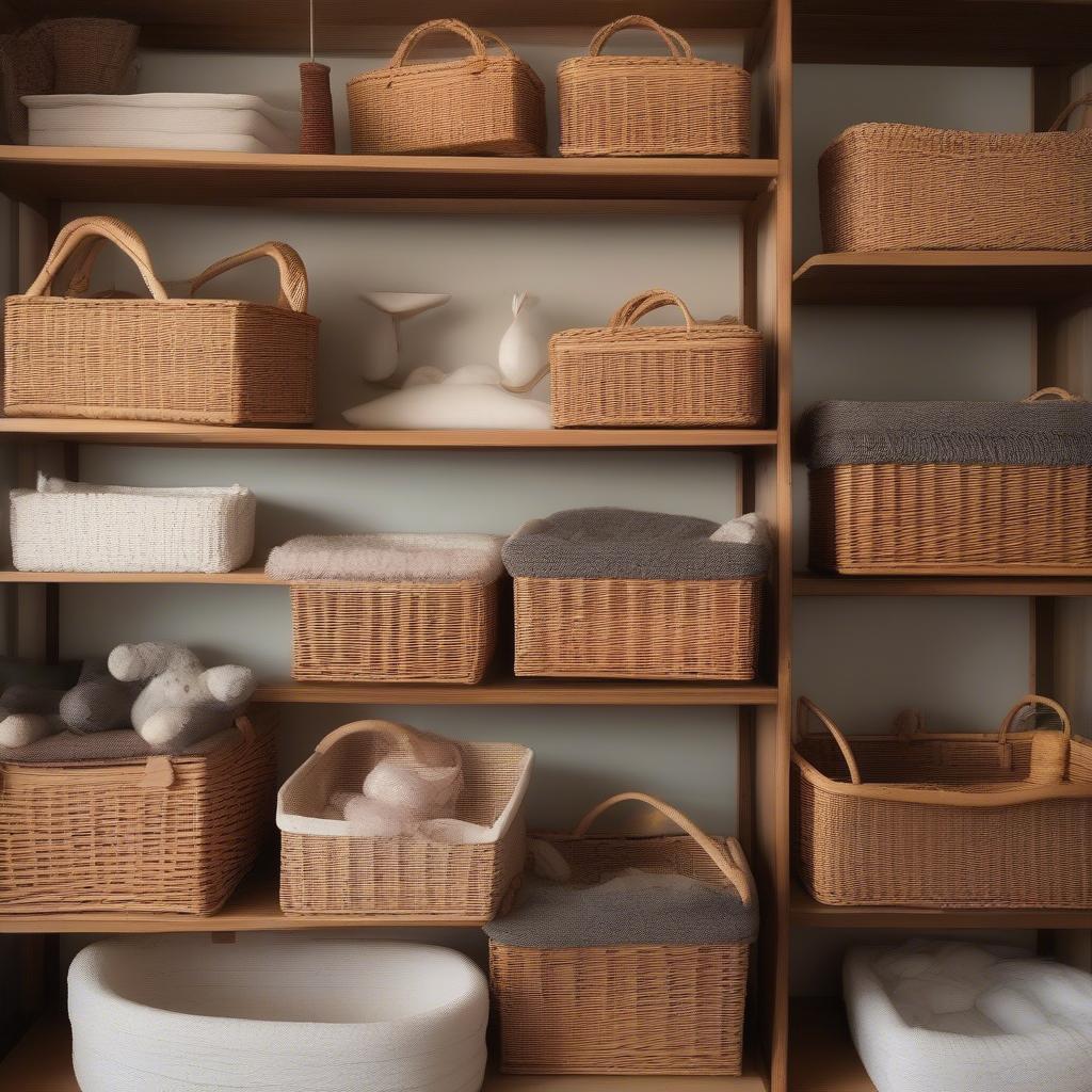 Various sizes of wicker baskets arranged in a baby's room, showcasing their organizational capabilities.