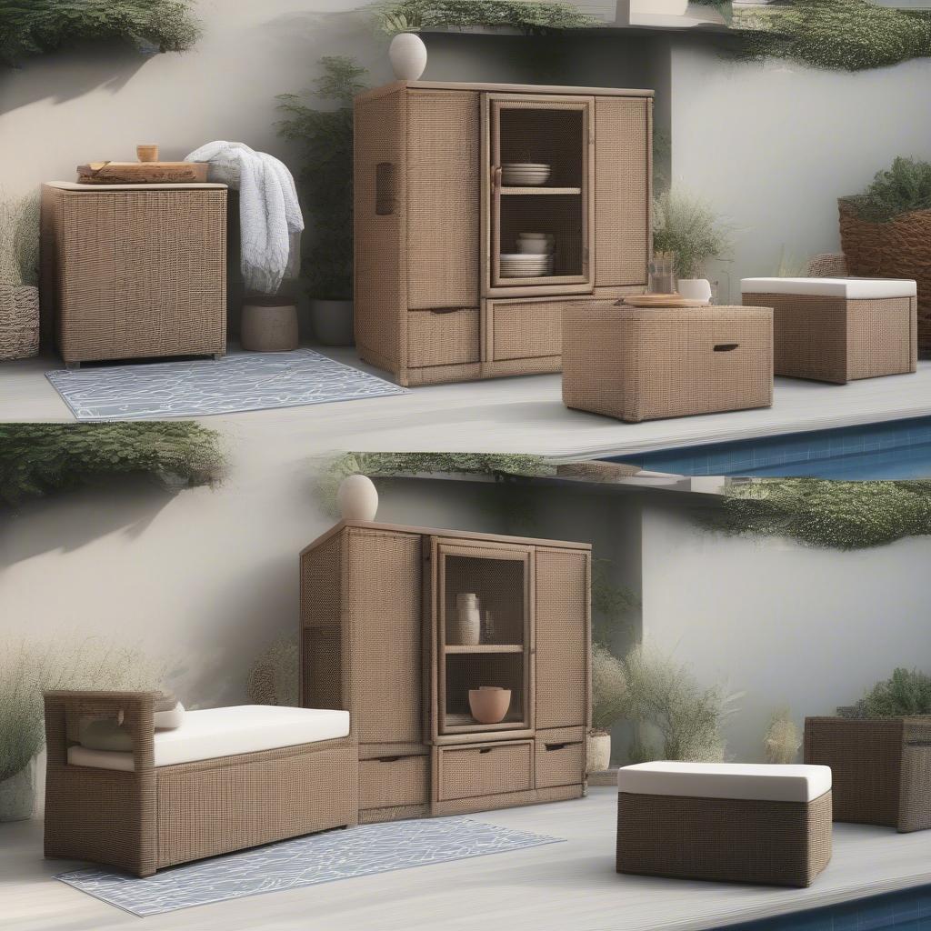 Various sizes of wicker cabinets in different outdoor settings