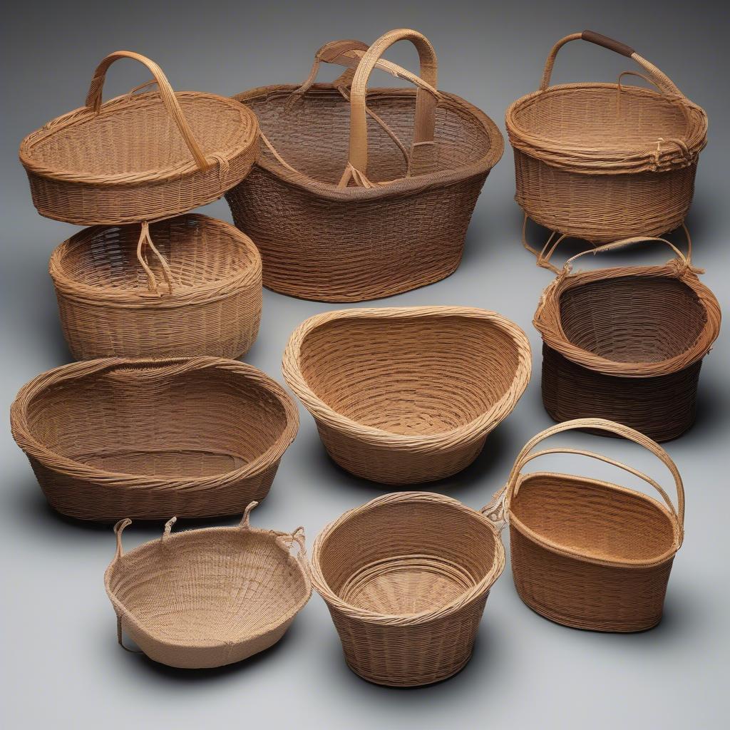 Various sizes of wicker fishing baskets for different fishing needs, ranging from small creels to large baskets.