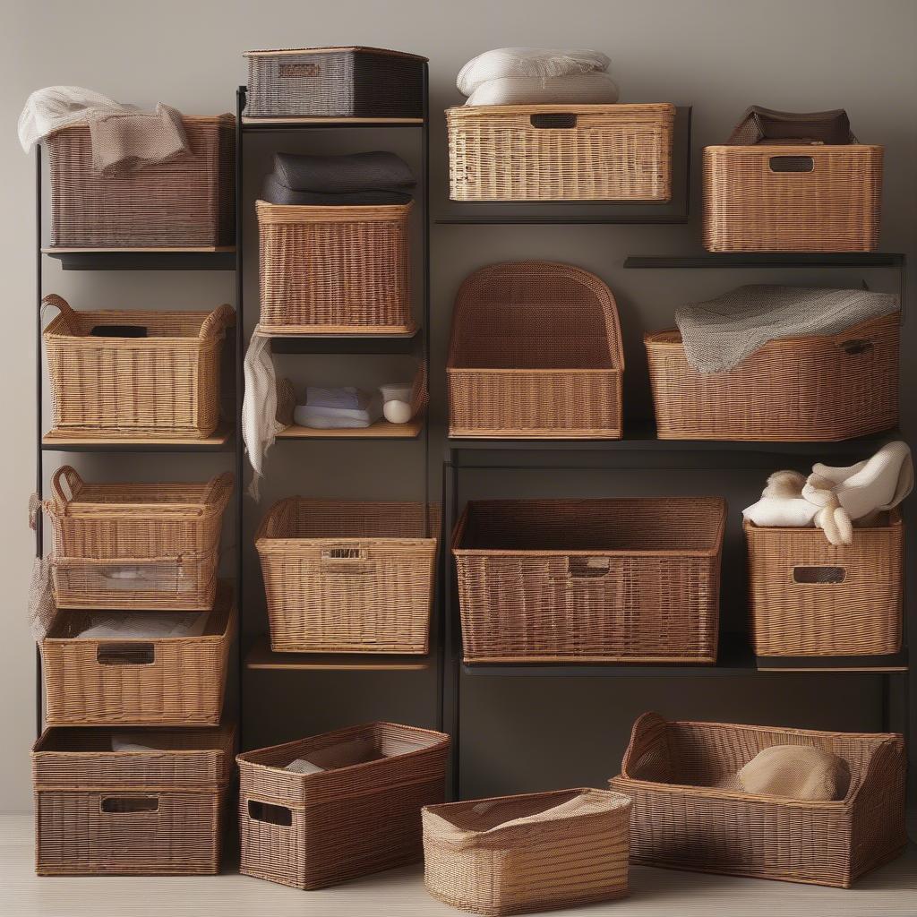 Various sizes of wicker storage bins