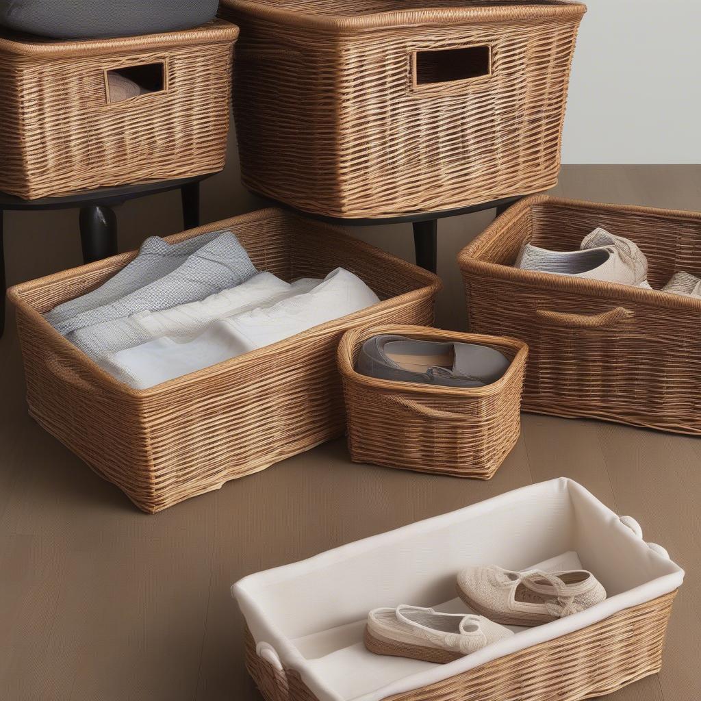 Various sizes of wicker under-bed storage baskets displayed side-by-side, showcasing the different storage capacities.