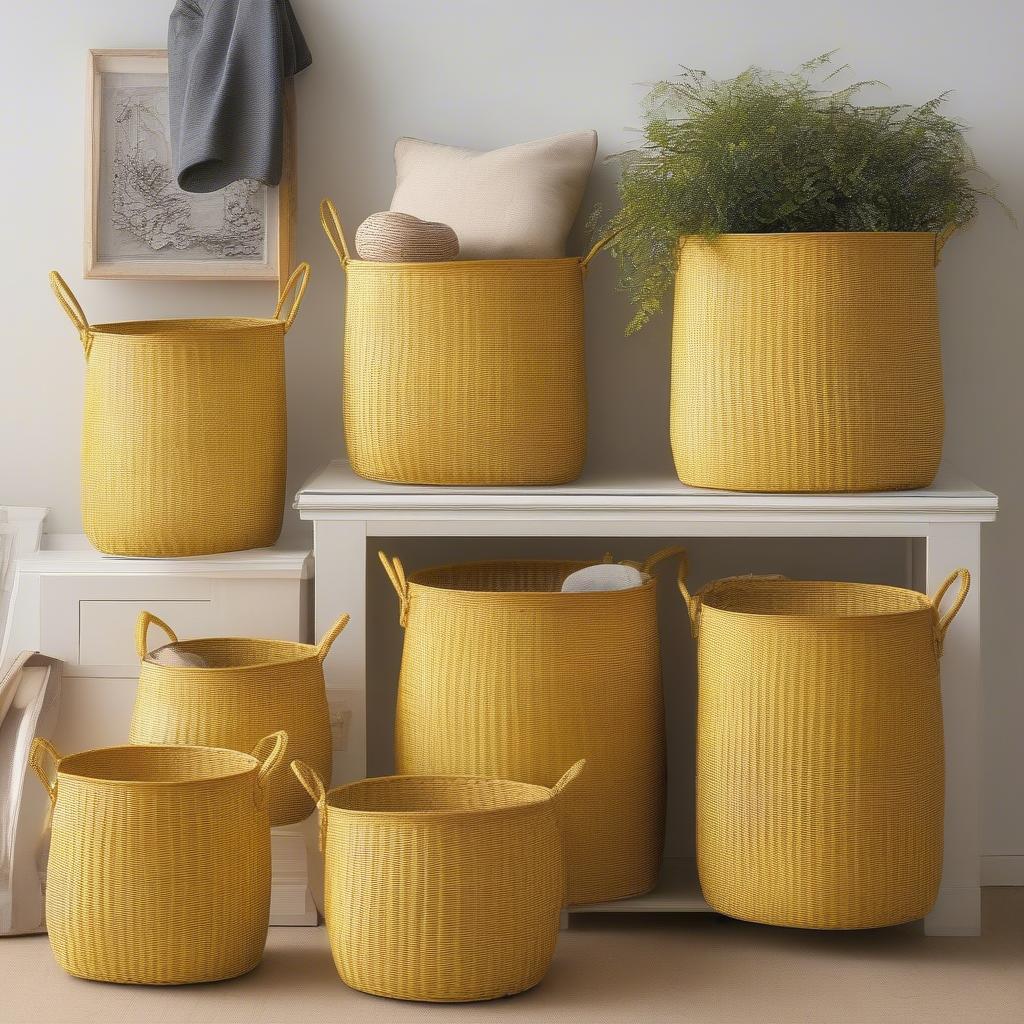 Various sizes of yellow wicker storage baskets