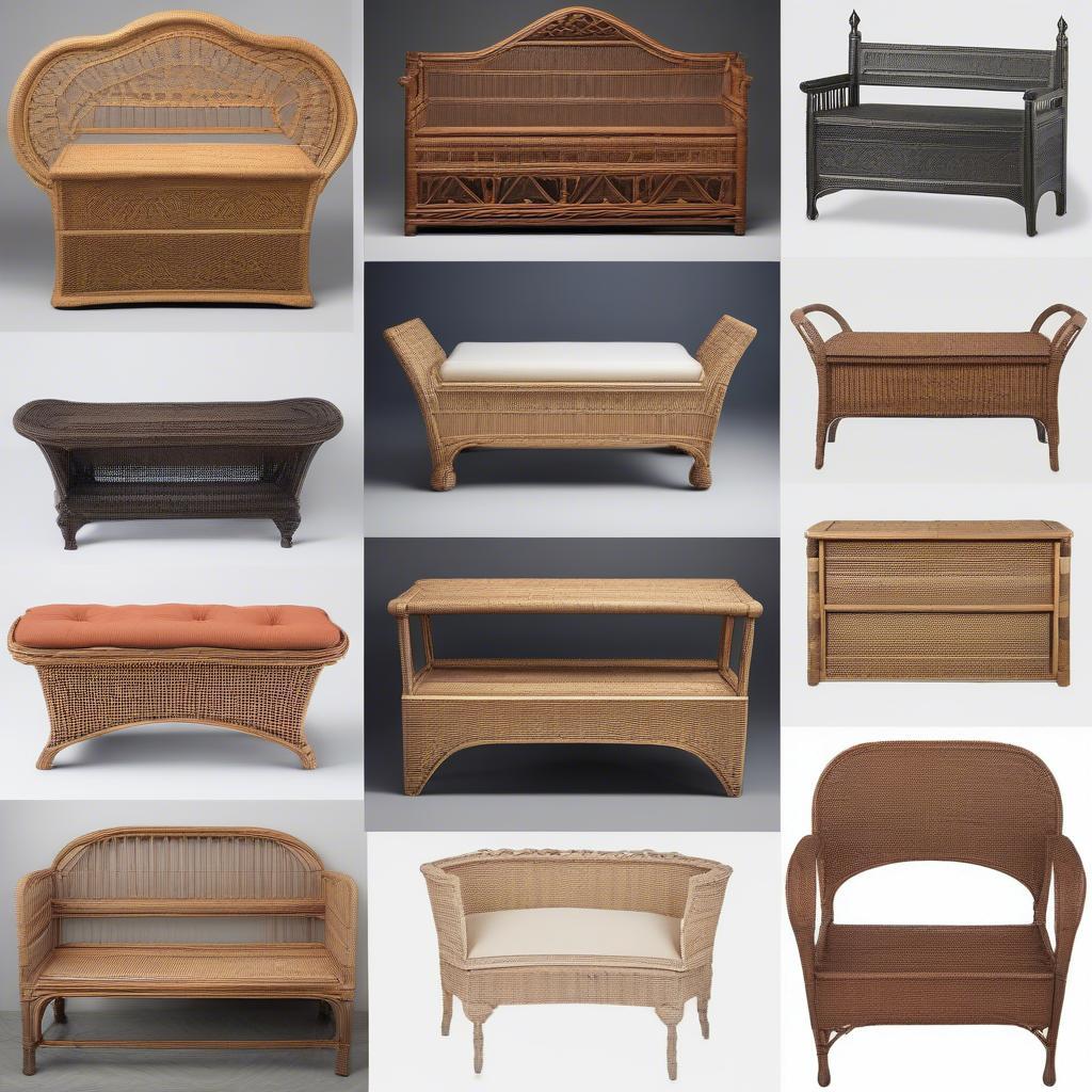 Different styles of antique wicker storage benches showcasing various designs and features.